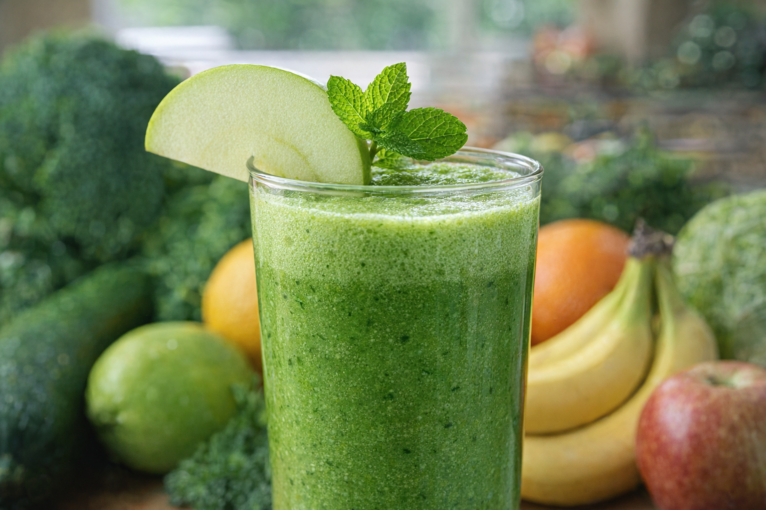 A vibrant green smoothie in a clear glass, garnished with a slice of green apple and a mint sprig, with a background of fresh fruits and vegetables